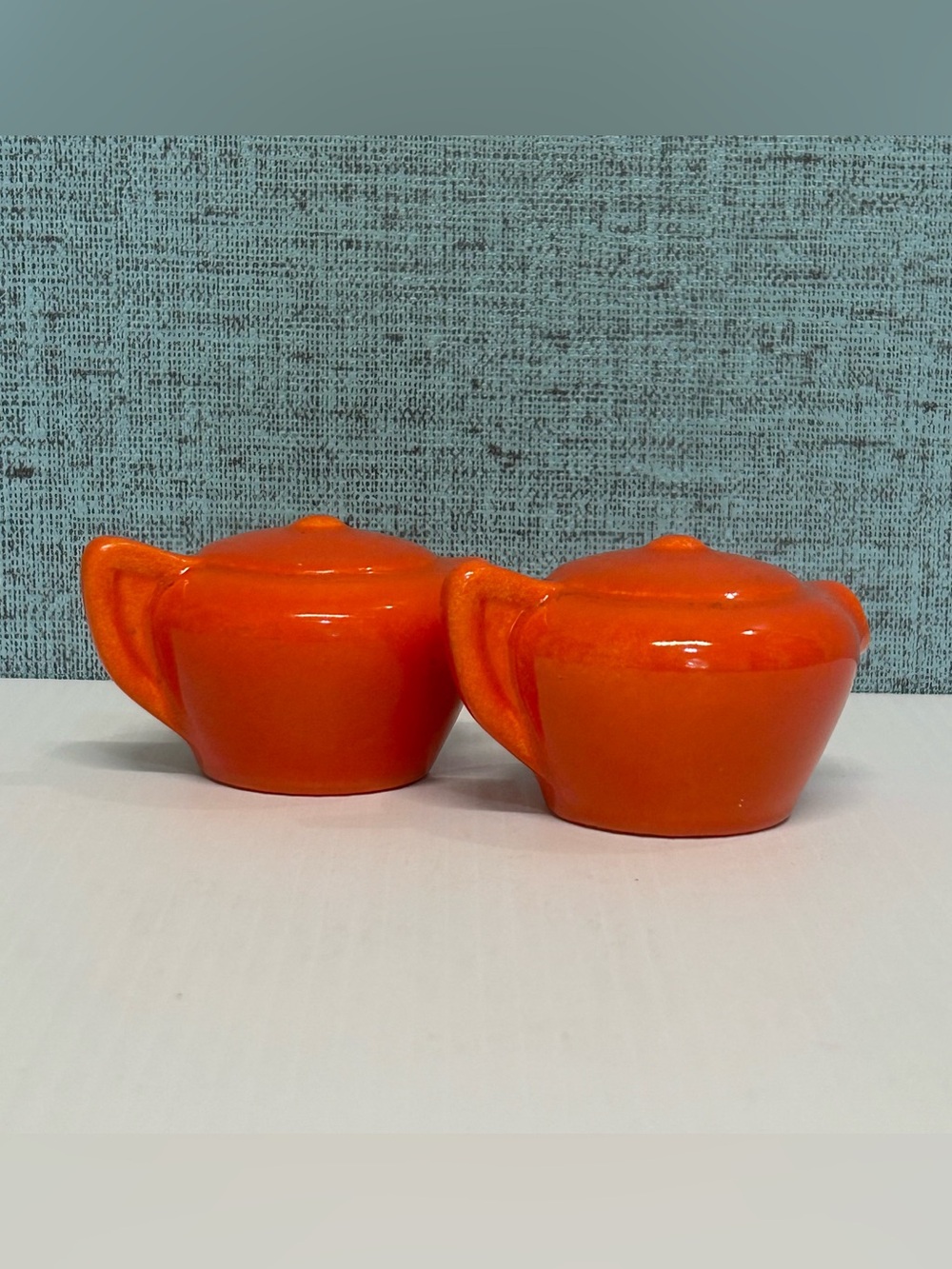 Vintage MCM Franciscan Pottery Flame Orange Teapot Salt & Pepper Shakers